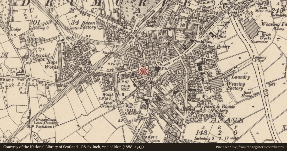 Ordnance Survey six-inch map, 2nd edition (1888–1915) covering the location of The Mandeville Arms, Armagh City, Banbridge and Craigavon, with a pin at the register's coordinates