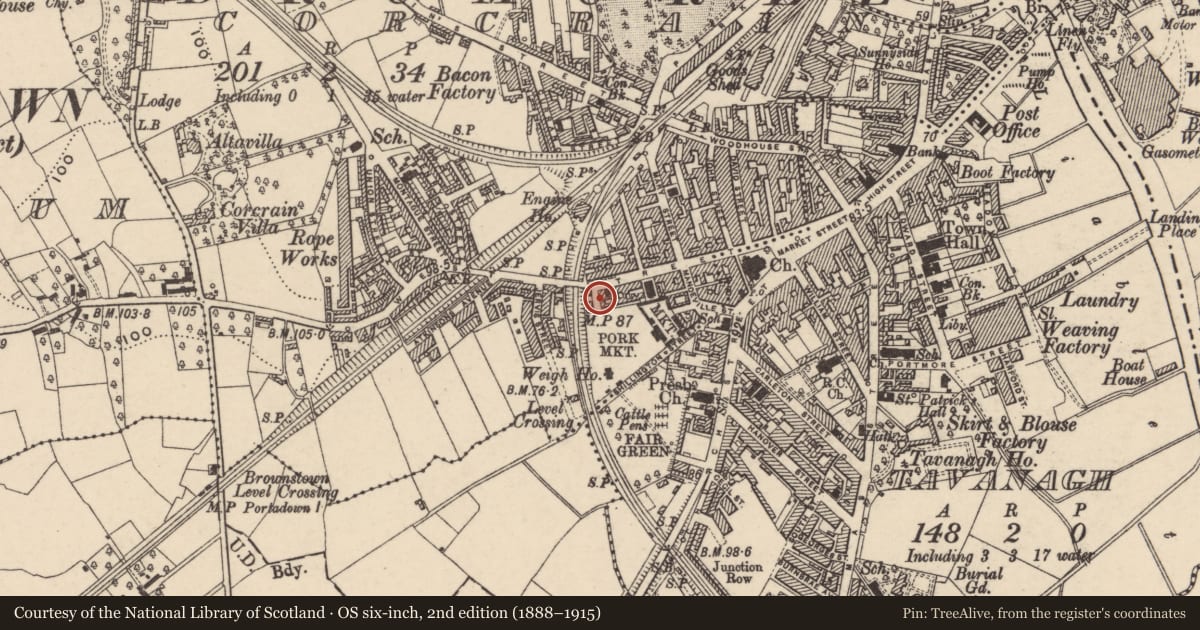 Ordnance Survey six-inch map, 2nd edition (1888–1915) covering the location of 58 West St., Armagh City, Banbridge and Craigavon, with a pin at the register's coordinates