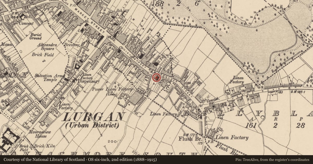 Ordnance Survey six-inch map, 2nd edition (1888–1915) covering the location of Methodist Church, Armagh City, Banbridge and Craigavon, with a pin at the register's coordinates