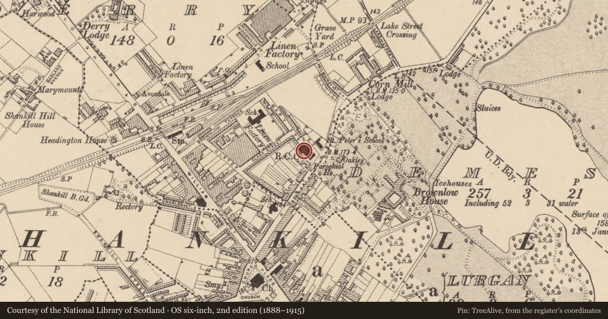 Ordnance Survey six-inch map, 2nd edition (1888–1915) covering the location of St. Peter'S R C CHURCH, Armagh City, Banbridge and Craigavon, with a pin at the register's coordinates