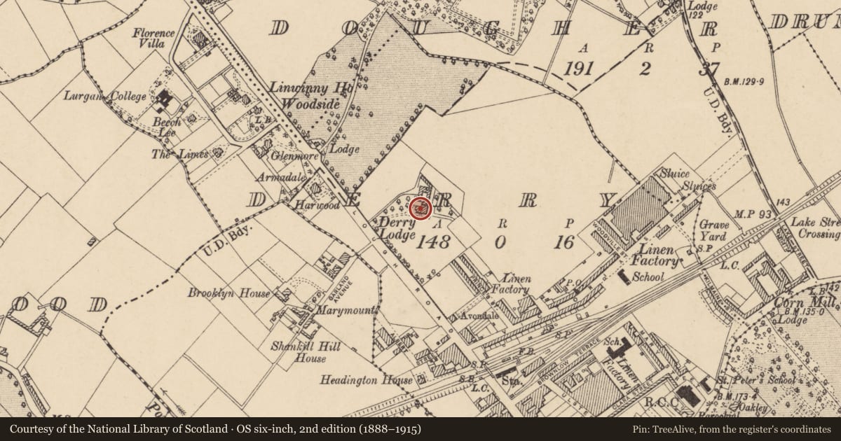 Ordnance Survey six-inch map, 2nd edition (1888–1915) covering the location of Derry Lodge, Armagh City, Banbridge and Craigavon, with a pin at the register's coordinates