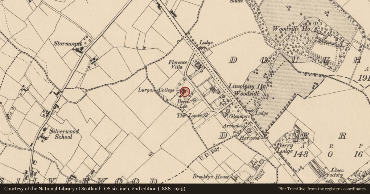 Ordnance Survey six-inch map, 2nd edition (1888–1915) covering the location of Lurgan College, Armagh City, Banbridge and Craigavon, with a pin at the register's coordinates