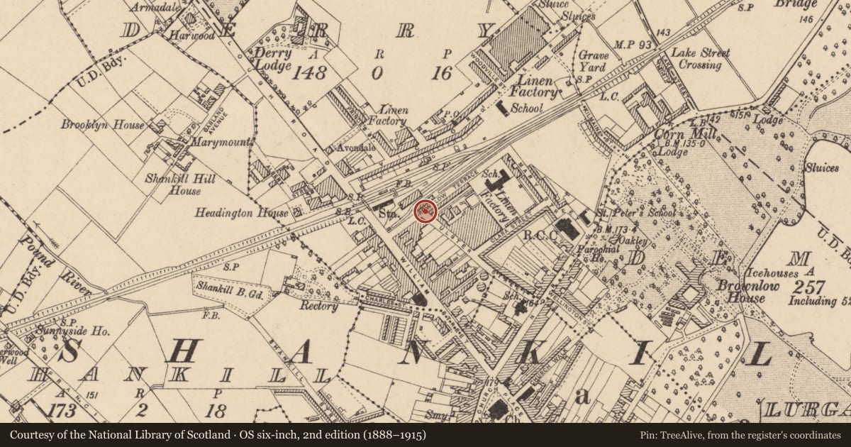 Ordnance Survey six-inch map, 2nd edition (1888–1915) covering the location of 10 Brownlow Terrace, Armagh City, Banbridge and Craigavon, with a pin at the register's coordinates
