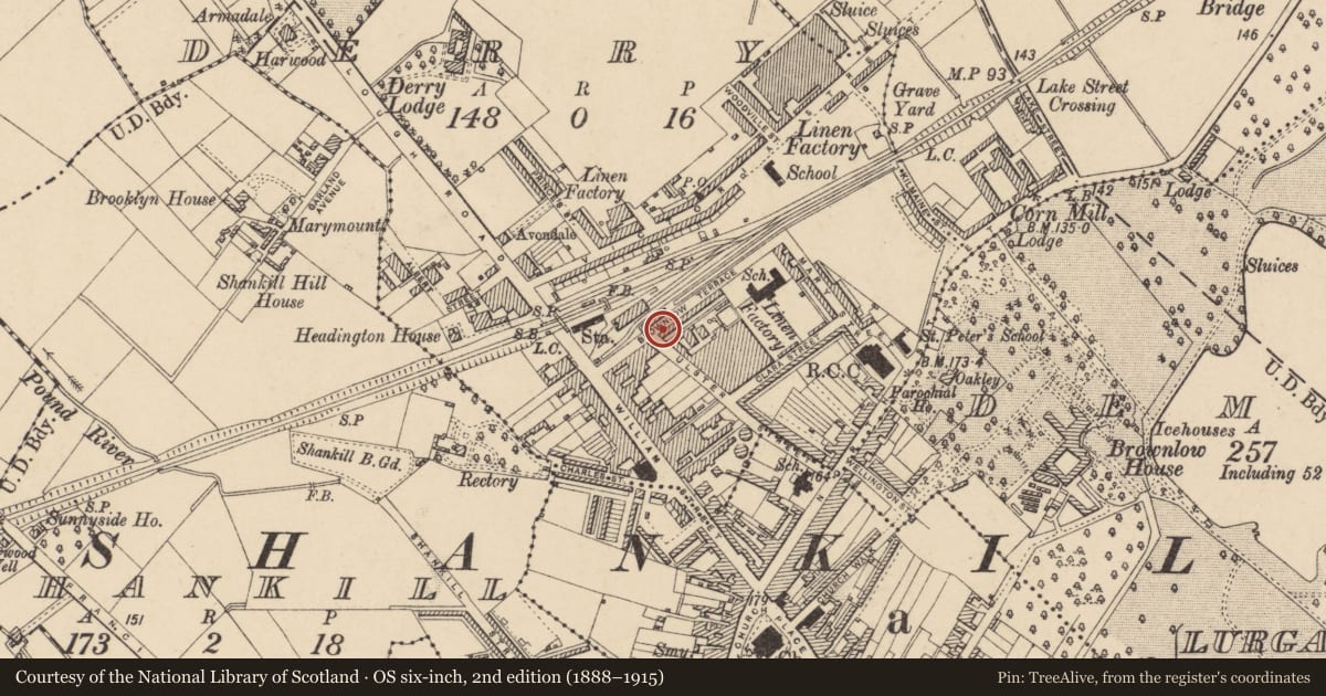 Ordnance Survey six-inch map, 2nd edition (1888–1915) covering the location of 13 Brownlow Terrace, Armagh City, Banbridge and Craigavon, with a pin at the register's coordinates