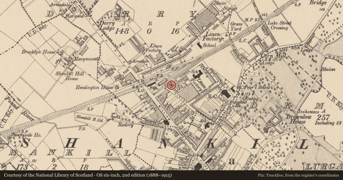 Ordnance Survey six-inch map, 2nd edition (1888–1915) covering the location of 14 Brownlow Terrace, Armagh City, Banbridge and Craigavon, with a pin at the register's coordinates