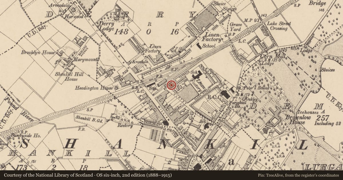Ordnance Survey six-inch map, 2nd edition (1888–1915) covering the location of 15 Brownlow Terrace, Armagh City, Banbridge and Craigavon, with a pin at the register's coordinates