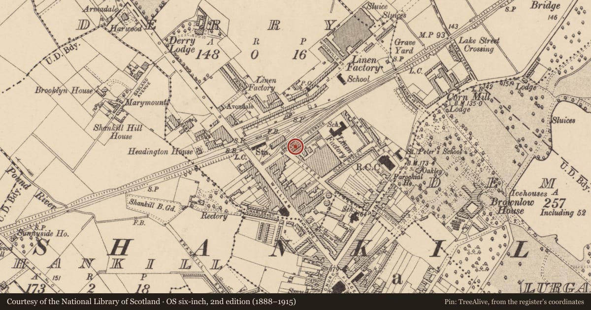 Ordnance Survey six-inch map, 2nd edition (1888–1915) covering the location of 16 Brownlow Terrace, Armagh City, Banbridge and Craigavon, with a pin at the register's coordinates
