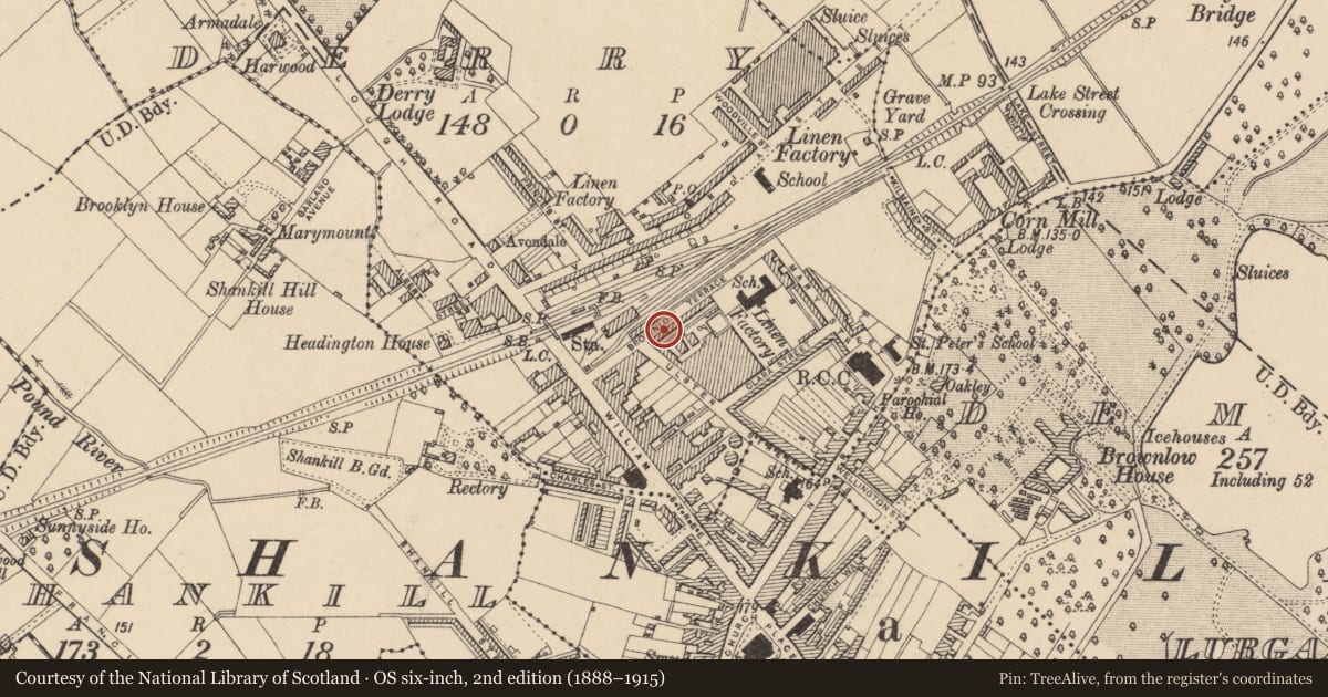 Ordnance Survey six-inch map, 2nd edition (1888–1915) covering the location of 17 Brownlow Terrace, Armagh City, Banbridge and Craigavon, with a pin at the register's coordinates