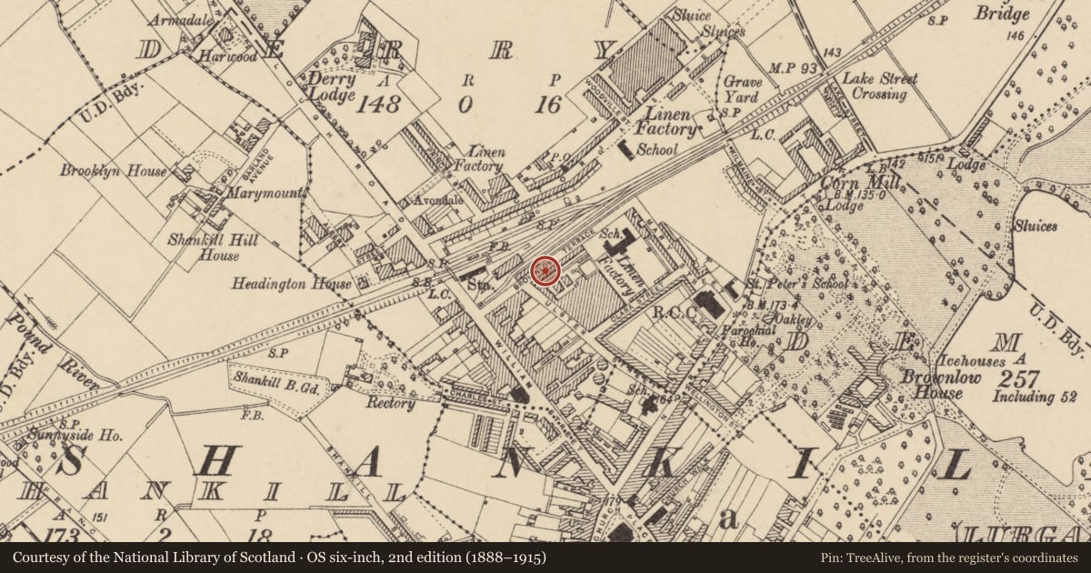 Ordnance Survey six-inch map, 2nd edition (1888–1915) covering the location of 18 Brownlow Terrace, Armagh City, Banbridge and Craigavon, with a pin at the register's coordinates