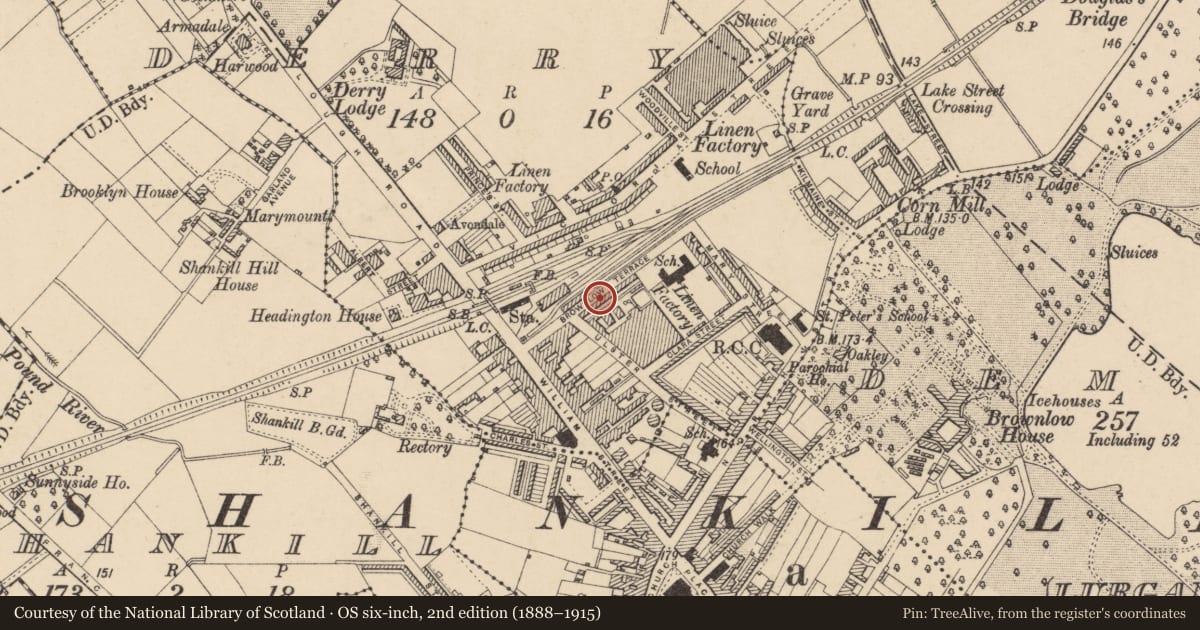 Ordnance Survey six-inch map, 2nd edition (1888–1915) covering the location of 20 Brownlow Terrace, Armagh City, Banbridge and Craigavon, with a pin at the register's coordinates