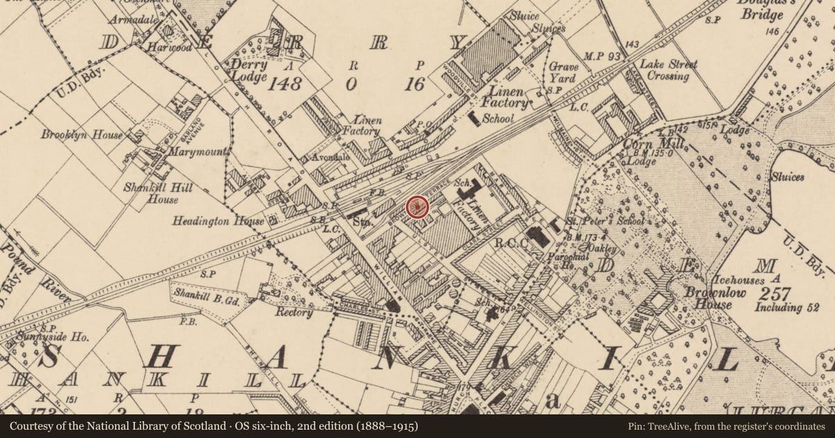 Ordnance Survey six-inch map, 2nd edition (1888–1915) covering the location of 21 Brownlow Terrace, Armagh City, Banbridge and Craigavon, with a pin at the register's coordinates