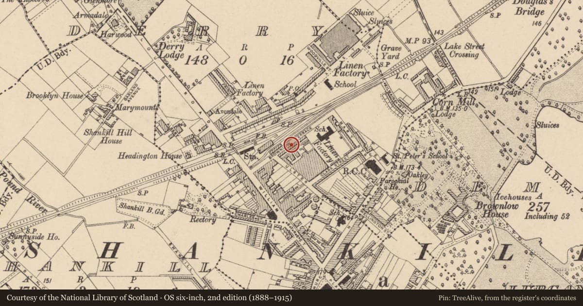 Ordnance Survey six-inch map, 2nd edition (1888–1915) covering the location of 23 Brownlow Terrace, Armagh City, Banbridge and Craigavon, with a pin at the register's coordinates