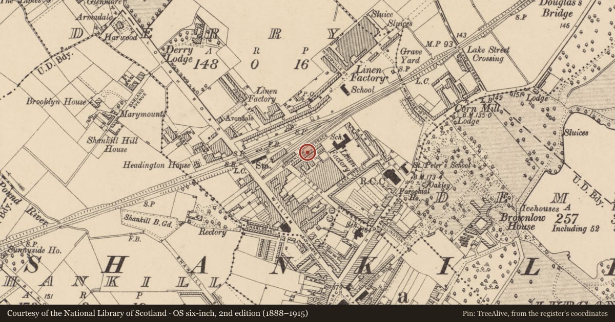 Ordnance Survey six-inch map, 2nd edition (1888–1915) covering the location of 24 Brownlow Terrace, Armagh City, Banbridge and Craigavon, with a pin at the register's coordinates