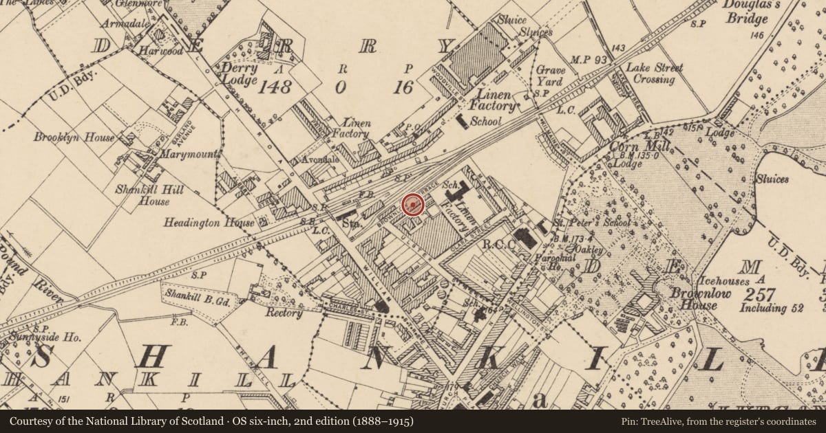 Ordnance Survey six-inch map, 2nd edition (1888–1915) covering the location of 25 Brownlow Terrace, Armagh City, Banbridge and Craigavon, with a pin at the register's coordinates