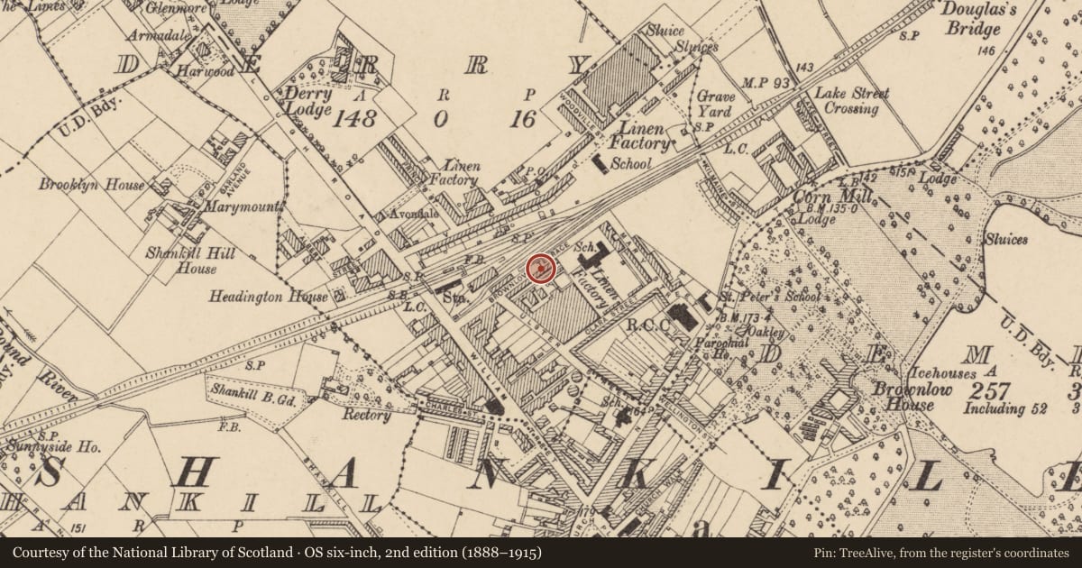 Ordnance Survey six-inch map, 2nd edition (1888–1915) covering the location of 27 Brownlow Terrace, Armagh City, Banbridge and Craigavon, with a pin at the register's coordinates