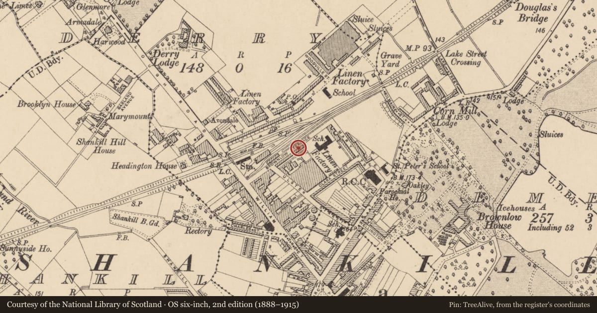 Ordnance Survey six-inch map, 2nd edition (1888–1915) covering the location of 30 Brownlow Terrace, Armagh City, Banbridge and Craigavon, with a pin at the register's coordinates