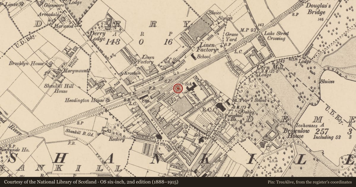 Ordnance Survey six-inch map, 2nd edition (1888–1915) covering the location of 32 Brownlow Terrace, Armagh City, Banbridge and Craigavon, with a pin at the register's coordinates