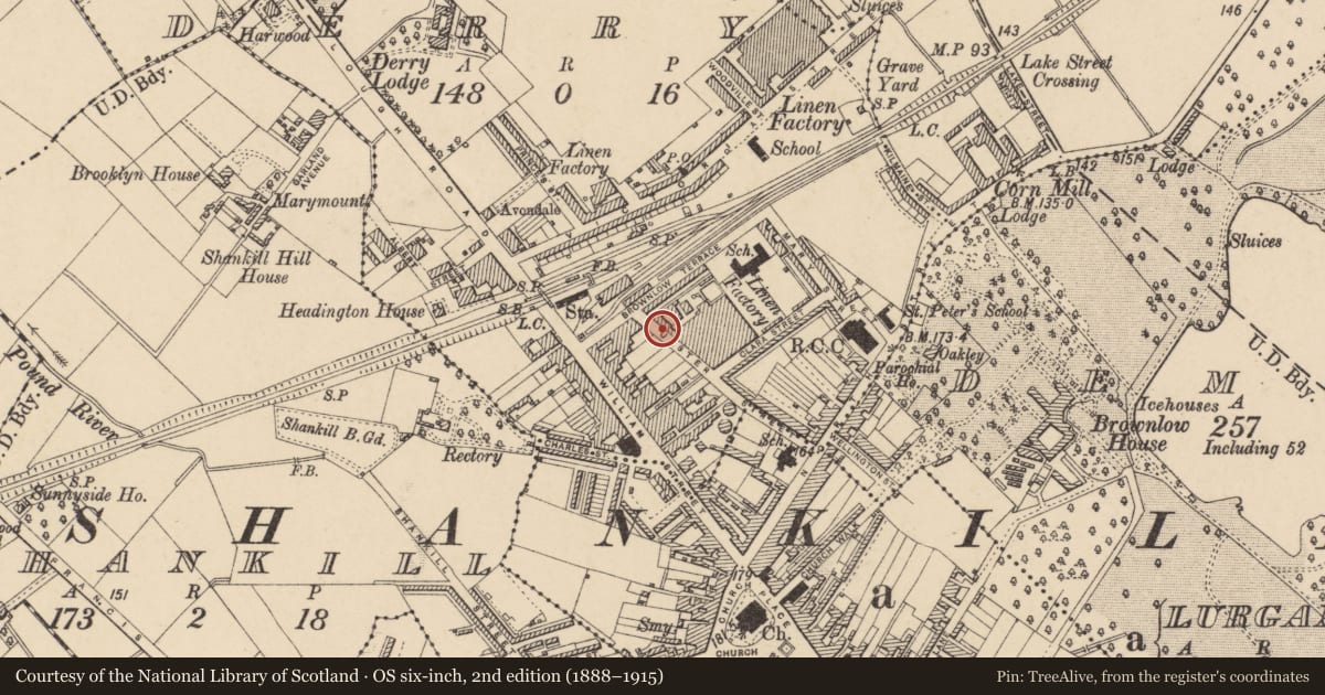 Ordnance Survey six-inch map, 2nd edition (1888–1915) covering the location of Brick Wall Along Ulster St. And Two-Storey Block Adjacent To The Lurgan Factory Ltd., Armagh City, Banbridge and Craigavon, with a pin at the register's coordinates