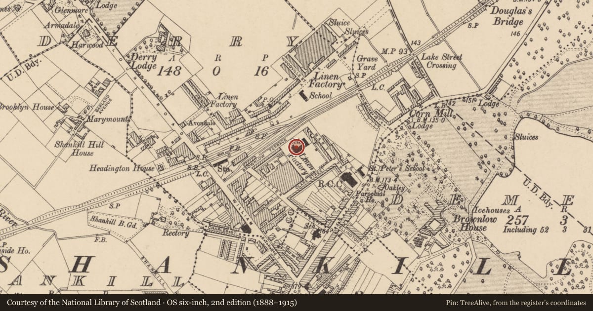Ordnance Survey six-inch map, 2nd edition (1888–1915) covering the location of Lurgan Model Primary School, Armagh City, Banbridge and Craigavon, with a pin at the register's coordinates