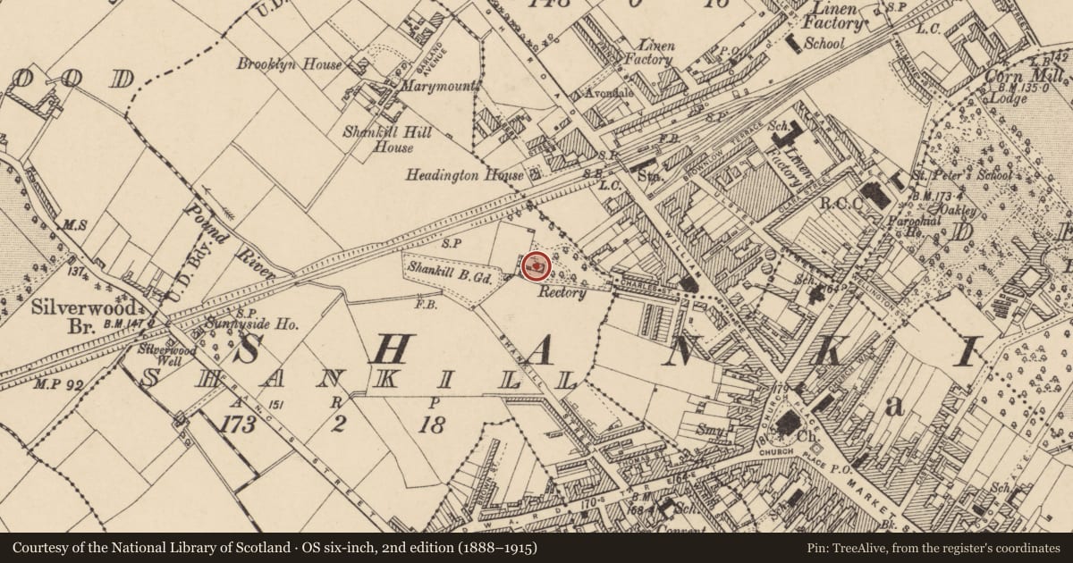 Ordnance Survey six-inch map, 2nd edition (1888–1915) covering the location of Old Rectory, Armagh City, Banbridge and Craigavon, with a pin at the register's coordinates