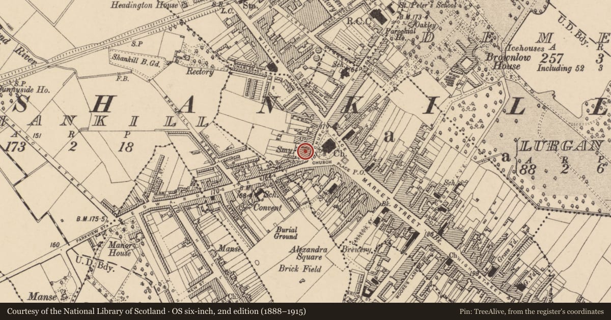 Ordnance Survey six-inch map, 2nd edition (1888–1915) covering the location of 20 Church Place, Armagh City, Banbridge and Craigavon, with a pin at the register's coordinates