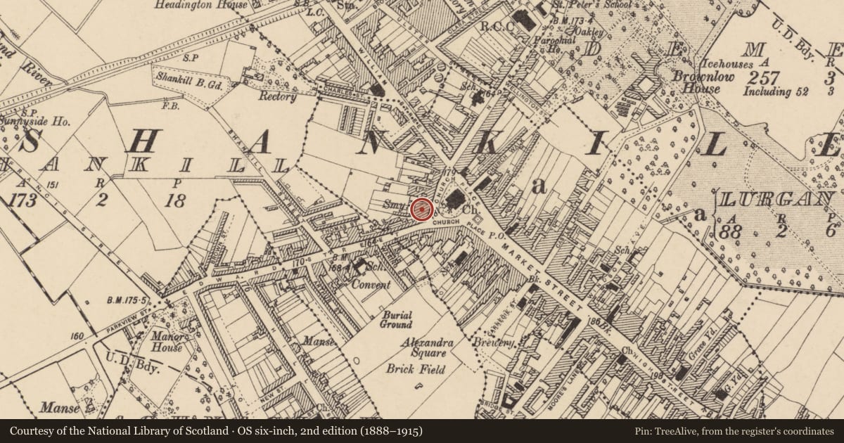 Ordnance Survey six-inch map, 2nd edition (1888–1915) covering the location of 21 Church Place, Armagh City, Banbridge and Craigavon, with a pin at the register's coordinates