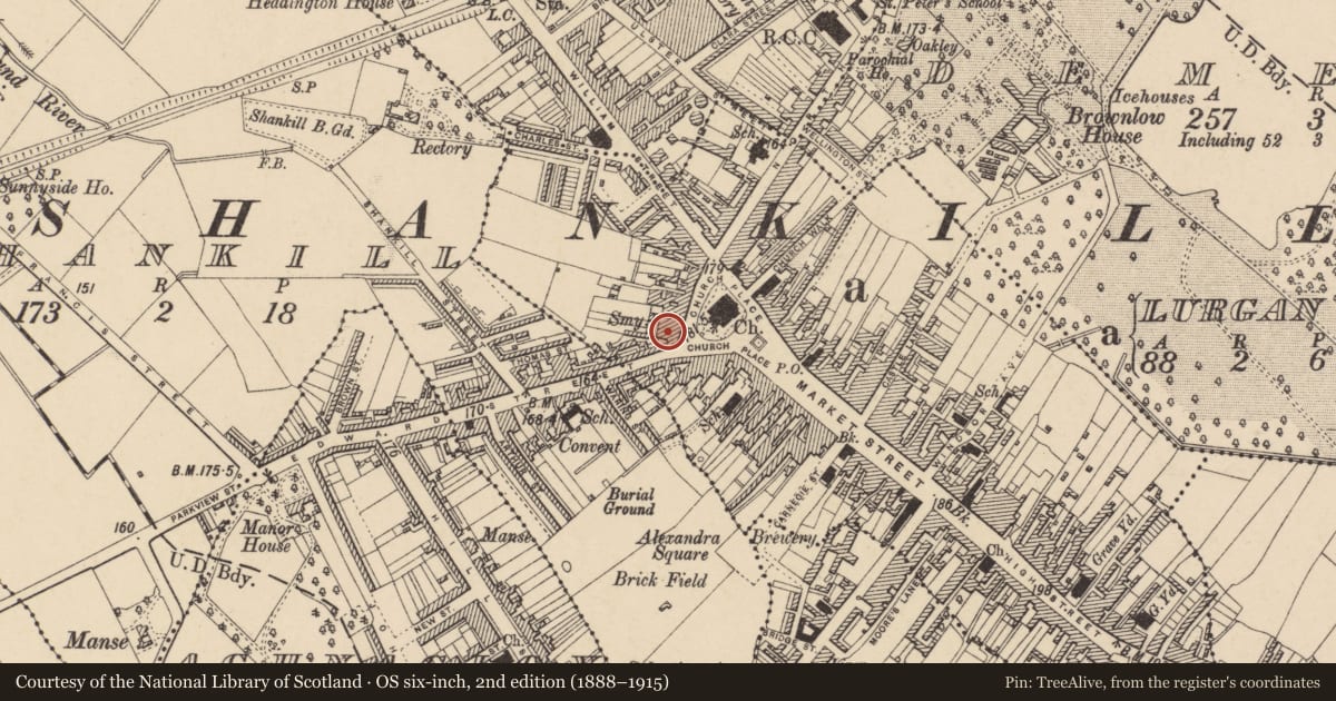 Ordnance Survey six-inch map, 2nd edition (1888–1915) covering the location of 22 Church Place, Armagh City, Banbridge and Craigavon, with a pin at the register's coordinates