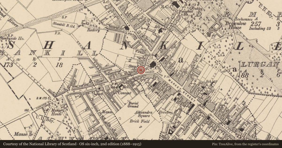 Ordnance Survey six-inch map, 2nd edition (1888–1915) covering the location of 23 Church Place, Armagh City, Banbridge and Craigavon, with a pin at the register's coordinates