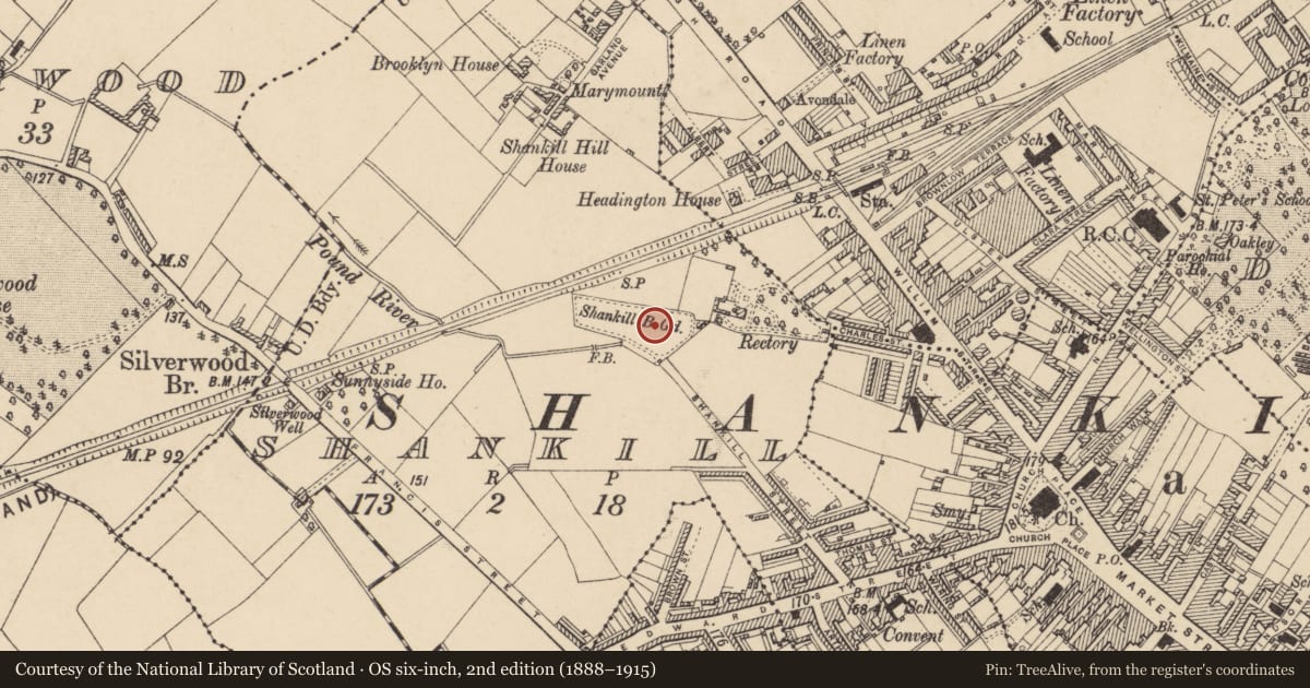 Ordnance Survey six-inch map, 2nd edition (1888–1915) covering the location of Brownlow Memorial, Armagh City, Banbridge and Craigavon, with a pin at the register's coordinates