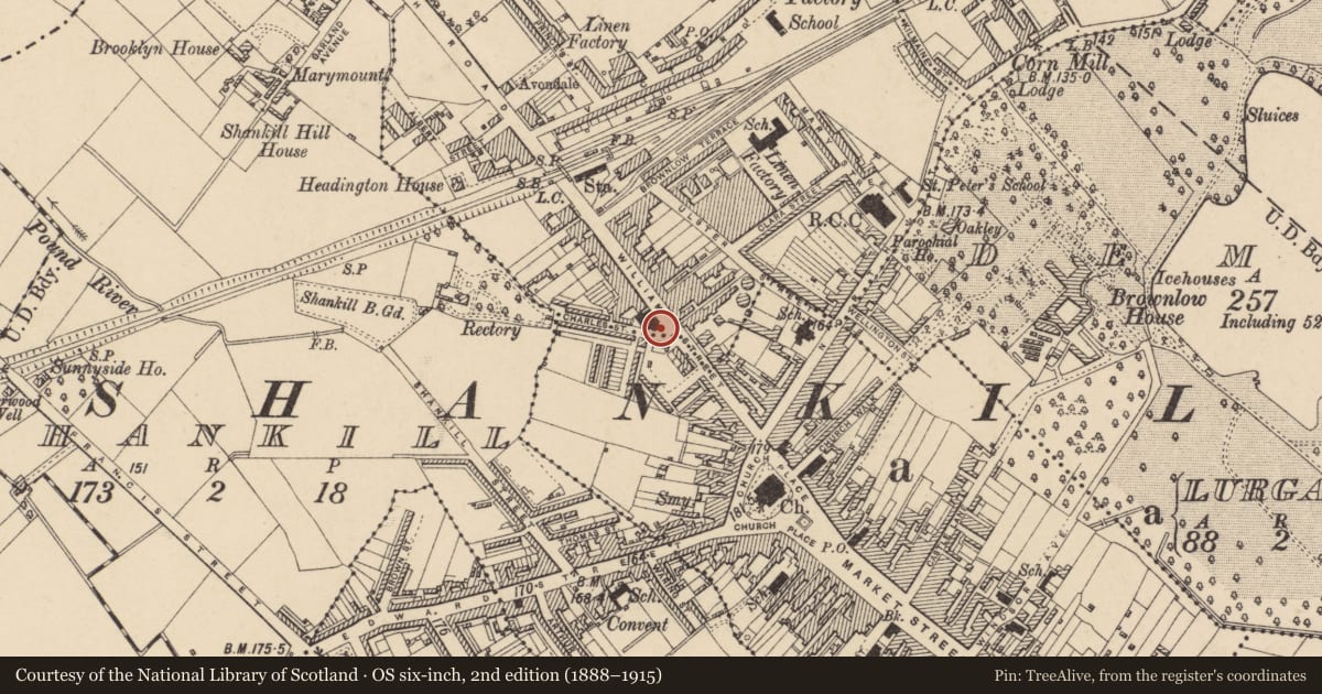 Ordnance Survey six-inch map, 2nd edition (1888–1915) covering the location of Thomas Millar Memorial, Armagh City, Banbridge and Craigavon, with a pin at the register's coordinates