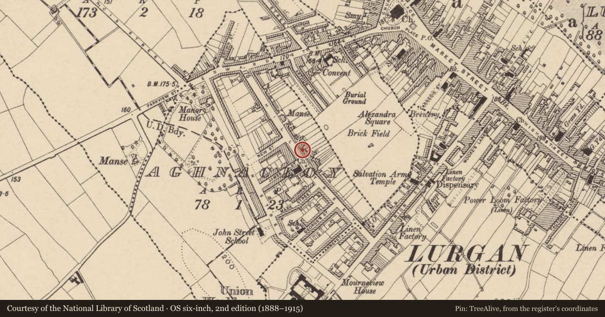 Ordnance Survey six-inch map, 2nd edition (1888–1915) covering the location of Hill House, Armagh City, Banbridge and Craigavon, with a pin at the register's coordinates