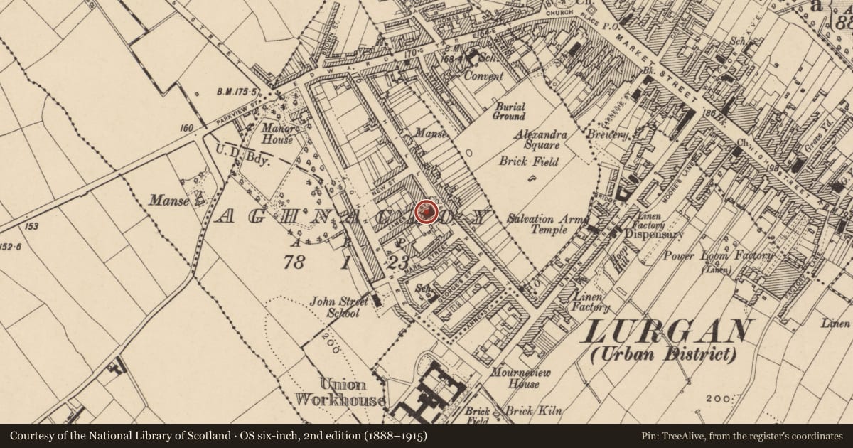 Ordnance Survey six-inch map, 2nd edition (1888–1915) covering the location of Presbyterian Church, Aghnacloy, Armagh City, Banbridge and Craigavon, with a pin at the register's coordinates