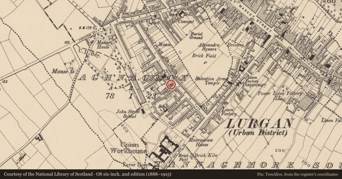 Ordnance Survey six-inch map, 2nd edition (1888–1915) covering the location of Aldrin, Aghnacloy, Armagh City, Banbridge and Craigavon, with a pin at the register's coordinates