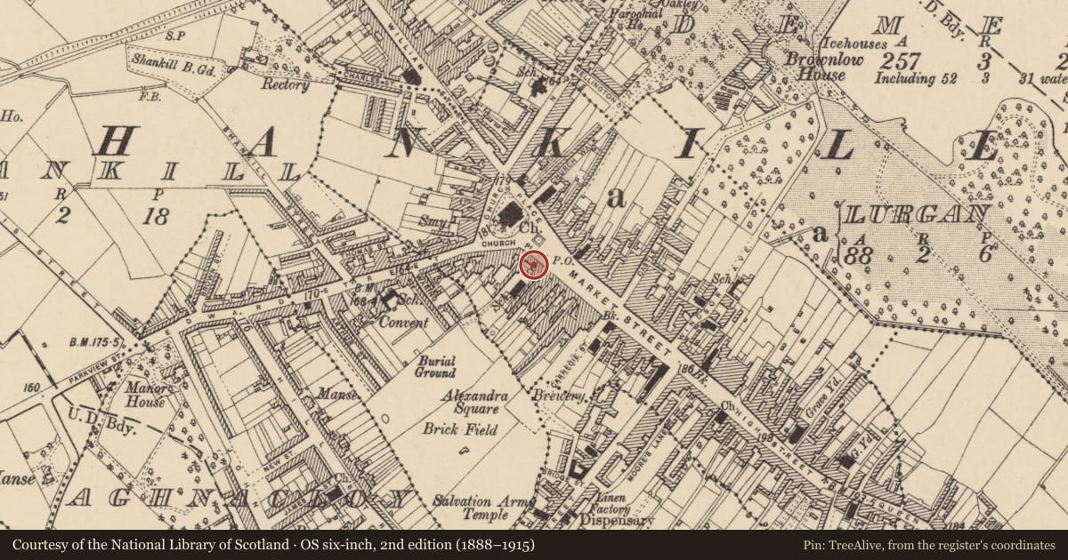 Ordnance Survey six-inch map, 2nd edition (1888–1915) covering the location of 41 Church Place, Armagh City, Banbridge and Craigavon, with a pin at the register's coordinates