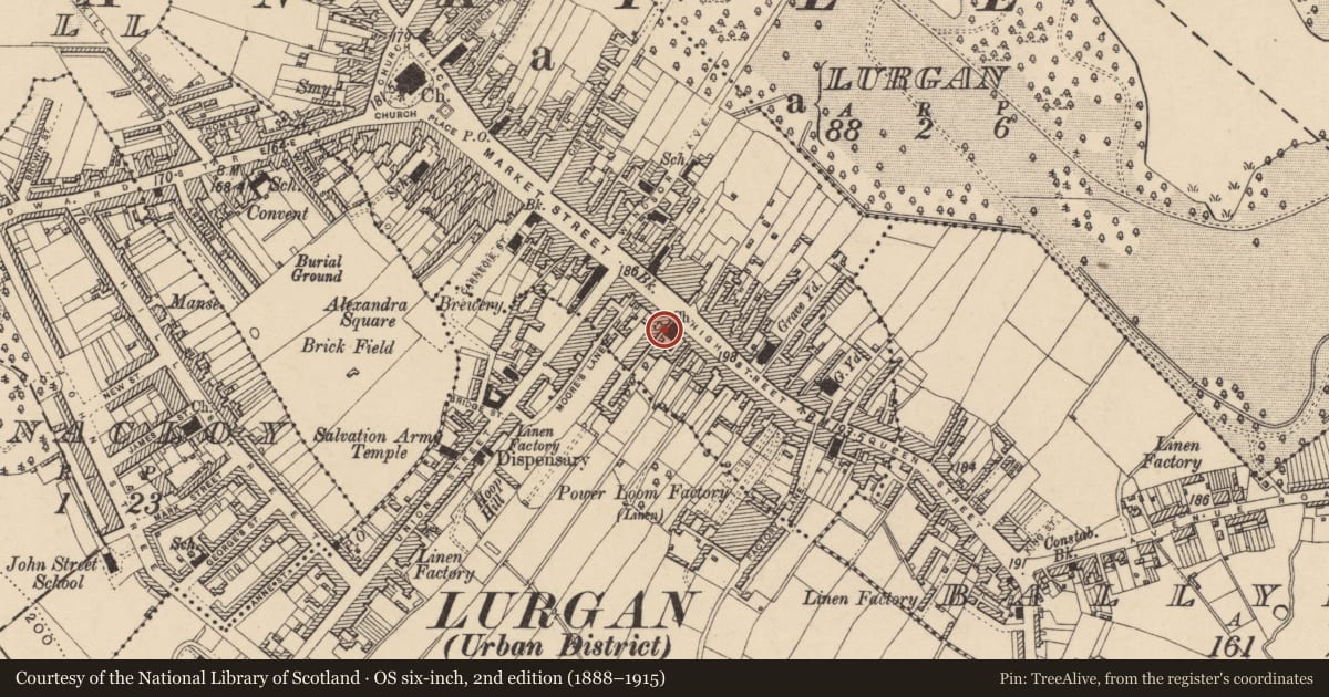 Ordnance Survey six-inch map, 2nd edition (1888–1915) covering the location of Methodist Church, Armagh City, Banbridge and Craigavon, with a pin at the register's coordinates