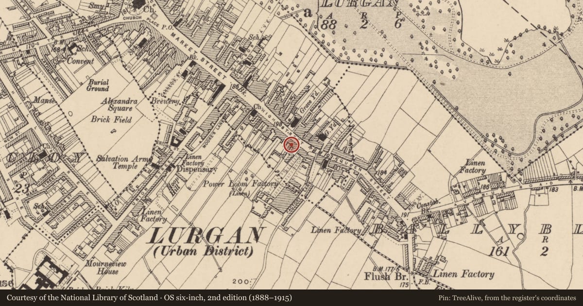 Ordnance Survey six-inch map, 2nd edition (1888–1915) covering the location of 45 High St., Armagh City, Banbridge and Craigavon, with a pin at the register's coordinates