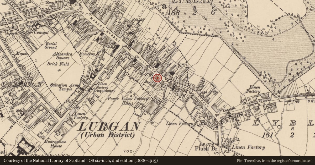 Ordnance Survey six-inch map, 2nd edition (1888–1915) covering the location of 47 High St., Armagh City, Banbridge and Craigavon, with a pin at the register's coordinates