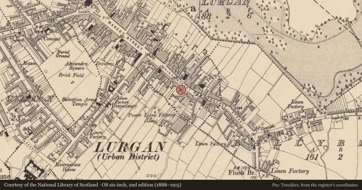 Ordnance Survey six-inch map, 2nd edition (1888–1915) covering the location of 43 High St., Armagh City, Banbridge and Craigavon, with a pin at the register's coordinates