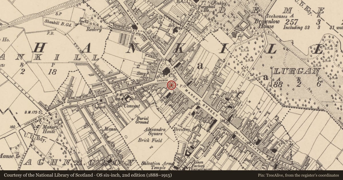 Ordnance Survey six-inch map, 2nd edition (1888–1915) covering the location of 40 Church Place, Armagh City, Banbridge and Craigavon, with a pin at the register's coordinates