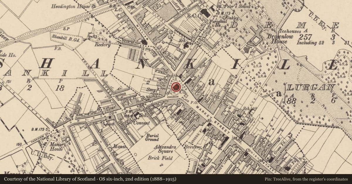 Ordnance Survey six-inch map, 2nd edition (1888–1915) covering the location of Christ Church, Armagh City, Banbridge and Craigavon, with a pin at the register's coordinates