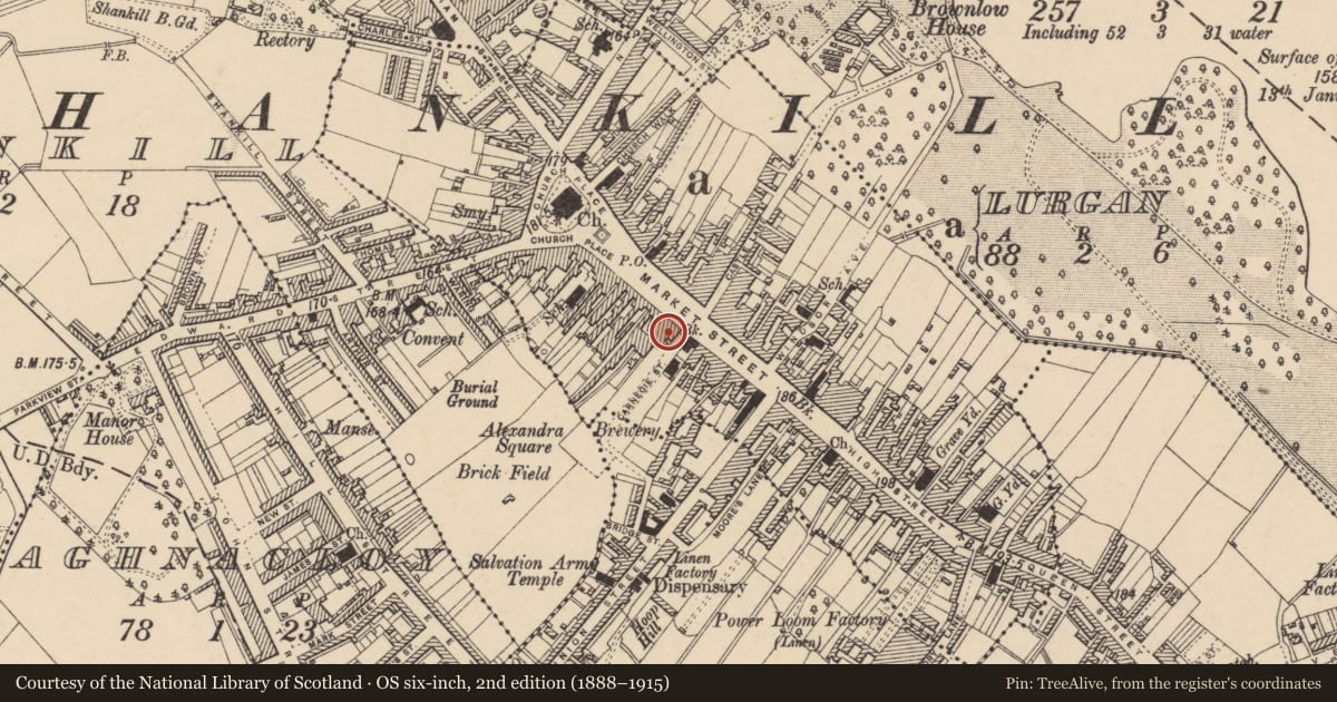 Ordnance Survey six-inch map, 2nd edition (1888–1915) covering the location of Carnegie Inn, Armagh City, Banbridge and Craigavon, with a pin at the register's coordinates