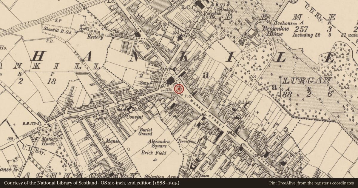 Ordnance Survey six-inch map, 2nd edition (1888–1915) covering the location of Lurgan War Memorial, Armagh City, Banbridge and Craigavon, with a pin at the register's coordinates
