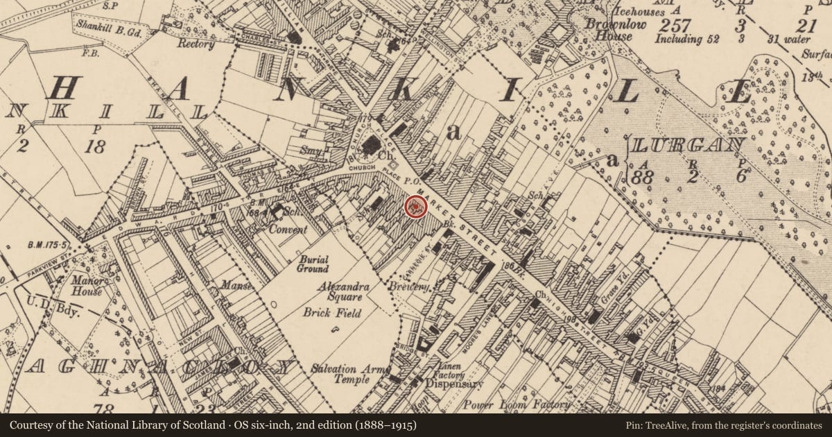 Ordnance Survey six-inch map, 2nd edition (1888–1915) covering the location of Bank of Ireland, Lurgan, Armagh City, Banbridge and Craigavon, with a pin at the register's coordinates