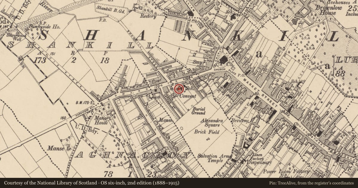Ordnance Survey six-inch map, 2nd edition (1888–1915) covering the location of Former St Joseph's Convent Chapel & School, Shankill, Armagh City, Banbridge and Craigavon, with a pin at the register's coordinates
