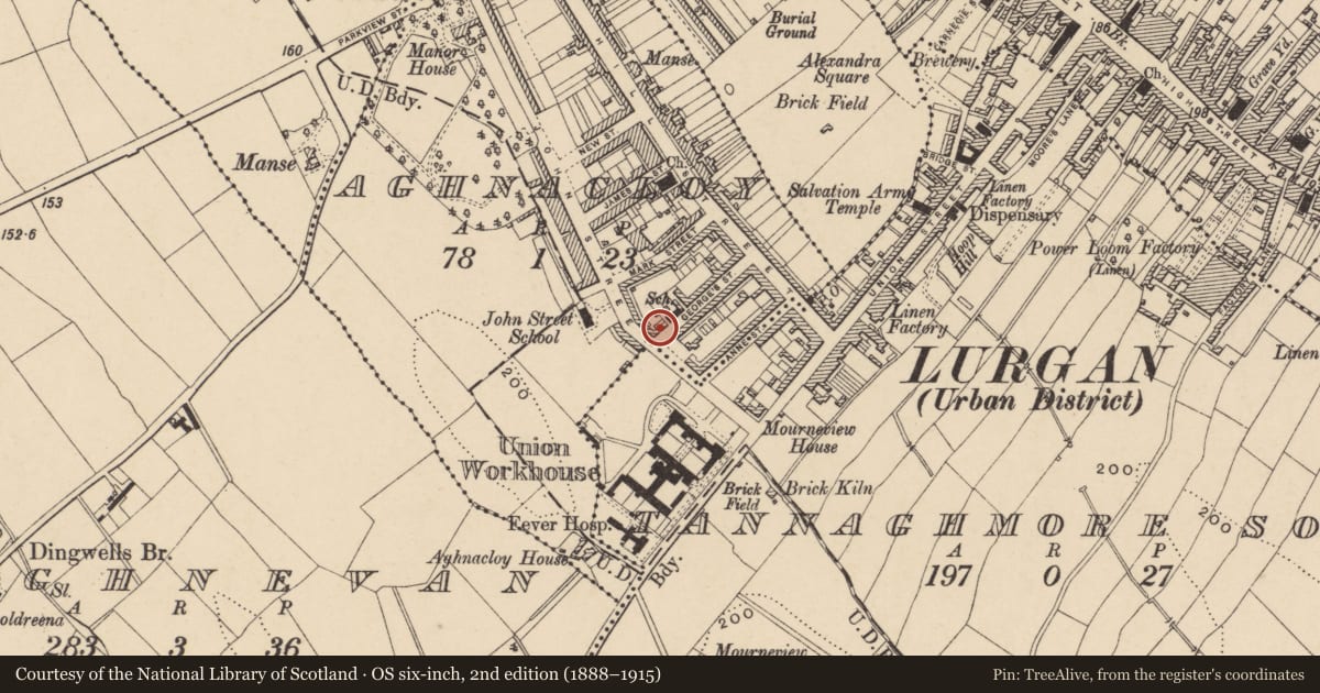 Ordnance Survey six-inch map, 2nd edition (1888–1915) covering the location of Mourneview Assembly gospel hall, with a pin at the register's coordinates
