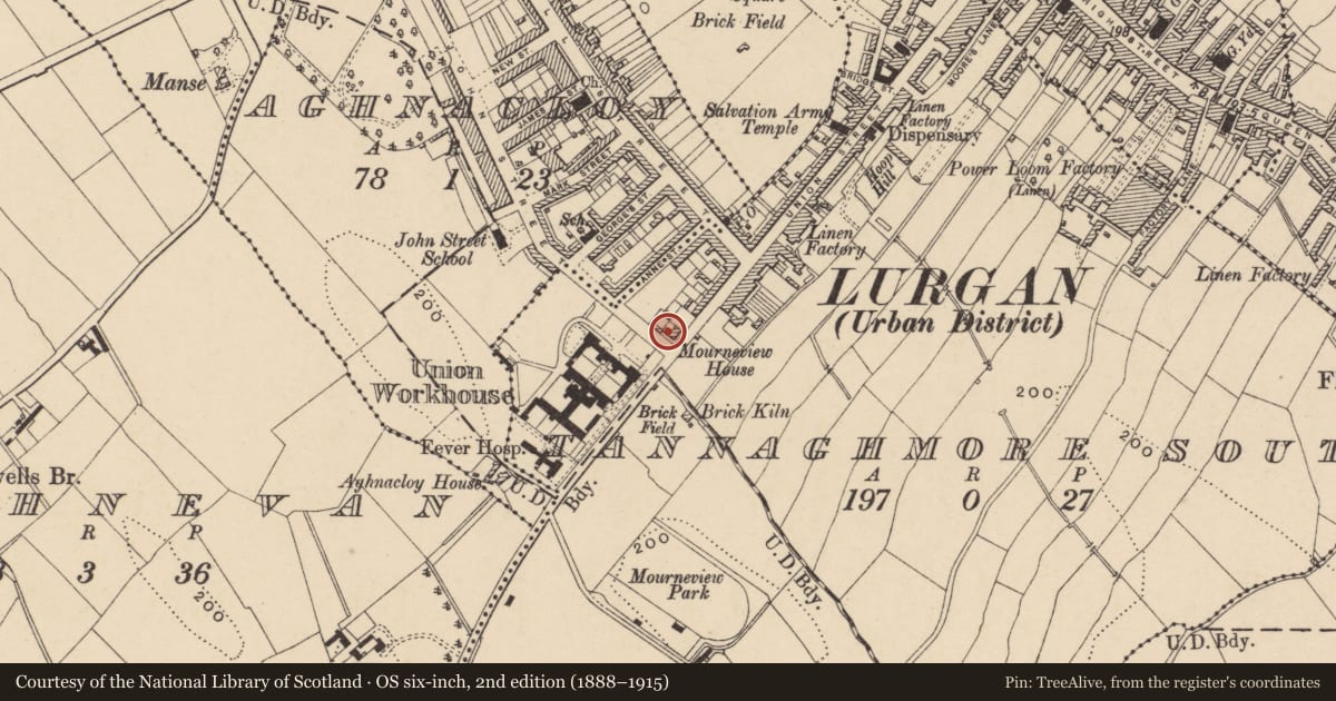 Ordnance Survey six-inch map, 2nd edition (1888–1915) covering the location of Mourneview House, with a pin at the register's coordinates