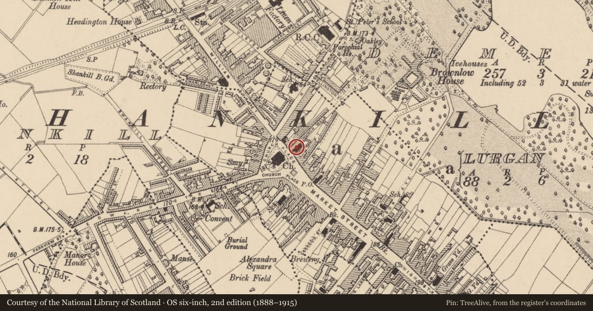 Ordnance Survey six-inch map, 2nd edition (1888–1915) covering the location of Parish Hall, with a pin at the register's coordinates