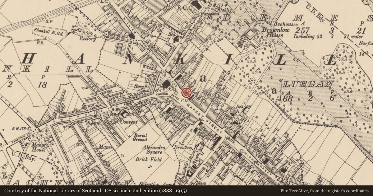Ordnance Survey six-inch map, 2nd edition (1888–1915) covering the location of Old Cinema, Armagh City, Banbridge and Craigavon, with a pin at the register's coordinates