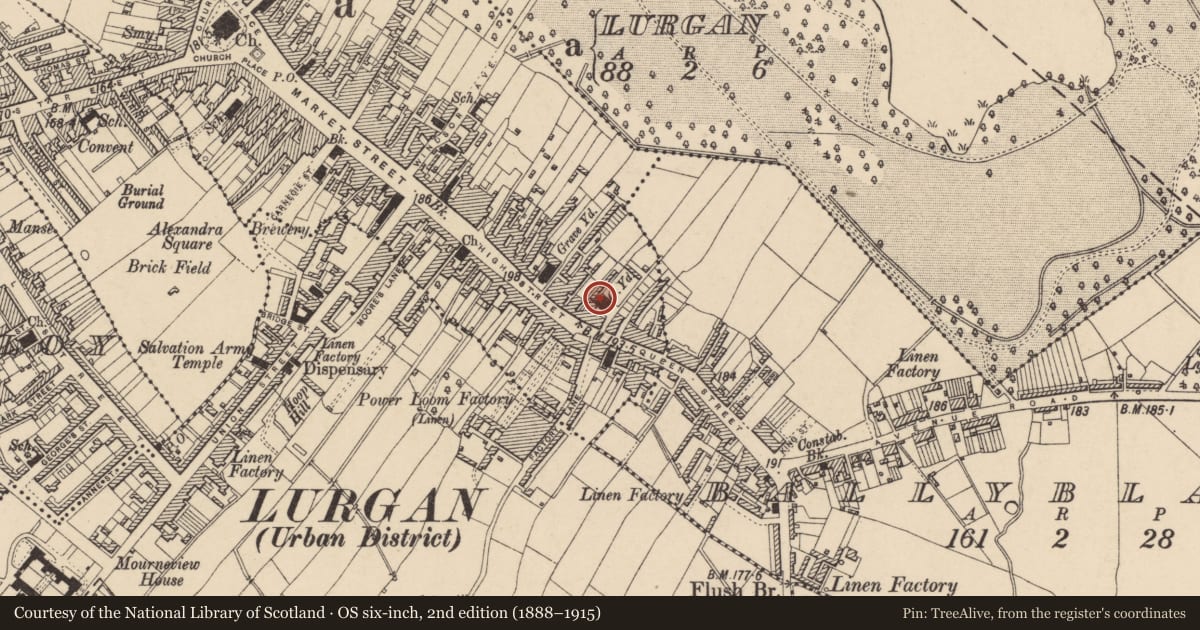 Ordnance Survey six-inch map, 2nd edition (1888–1915) covering the location of Friends Meeting House, Armagh City, Banbridge and Craigavon, with a pin at the register's coordinates