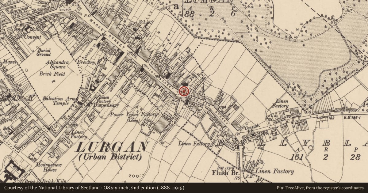 Ordnance Survey six-inch map, 2nd edition (1888–1915) covering the location of Entrance Gates To Friends Meeting House, Armagh City, Banbridge and Craigavon, with a pin at the register's coordinates
